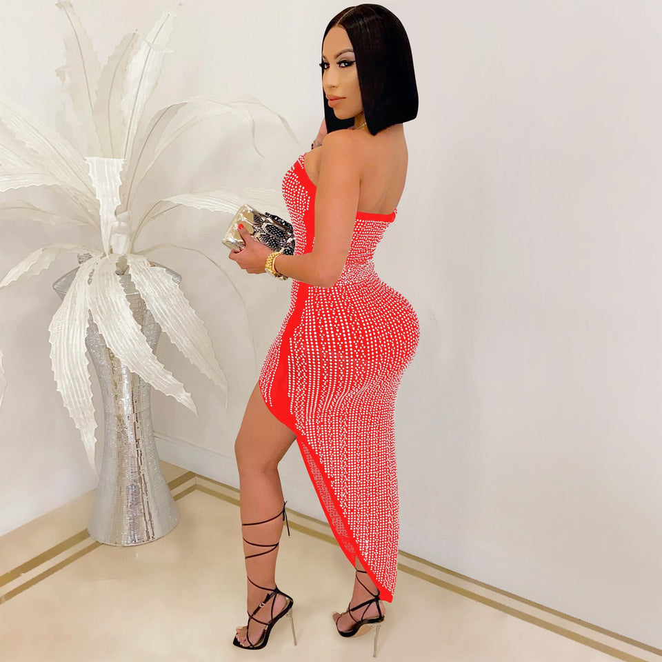 Women Party Spaghetti Strap Mesh See Through Rhinestone Bodycon Party
