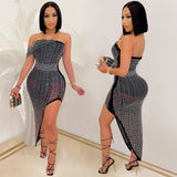 Women Party Spaghetti Strap Mesh See Through Rhinestone Bodycon Party