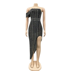 Women Party Spaghetti Strap Mesh See Through Rhinestone Bodycon Party