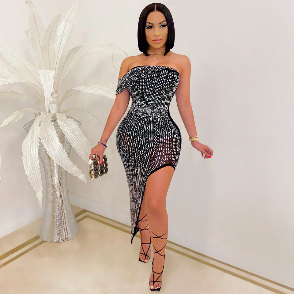 Women Party Spaghetti Strap Mesh See Through Rhinestone Bodycon Party