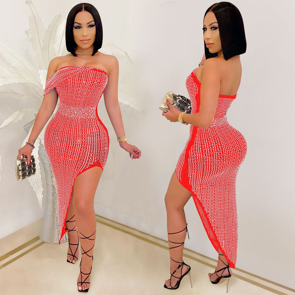Women Party Spaghetti Strap Mesh See Through Rhinestone Bodycon Party