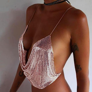 Beach Tank metal chain Tops 2019 New Summer Glitter Backless Tank Top Women Sexy Club Sequin Bar  Party Wear Crop Top