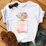 Women Clothes Print Flower Perfume Bottle Sweet Short Sleeve Tshirt