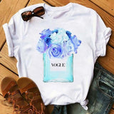 Women Clothes Print Flower Perfume Bottle Sweet Short Sleeve Tshirt