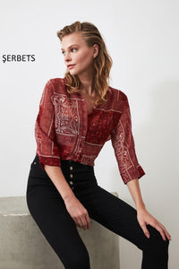 ŞERBETS 2020 autumn winter women satin pattern top shirt long sleeve korean style shien dropshipping