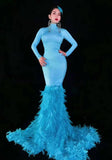 Free shipping New dress Blue with feather for wedding / party / club /theater /stage/ model show/stage performance